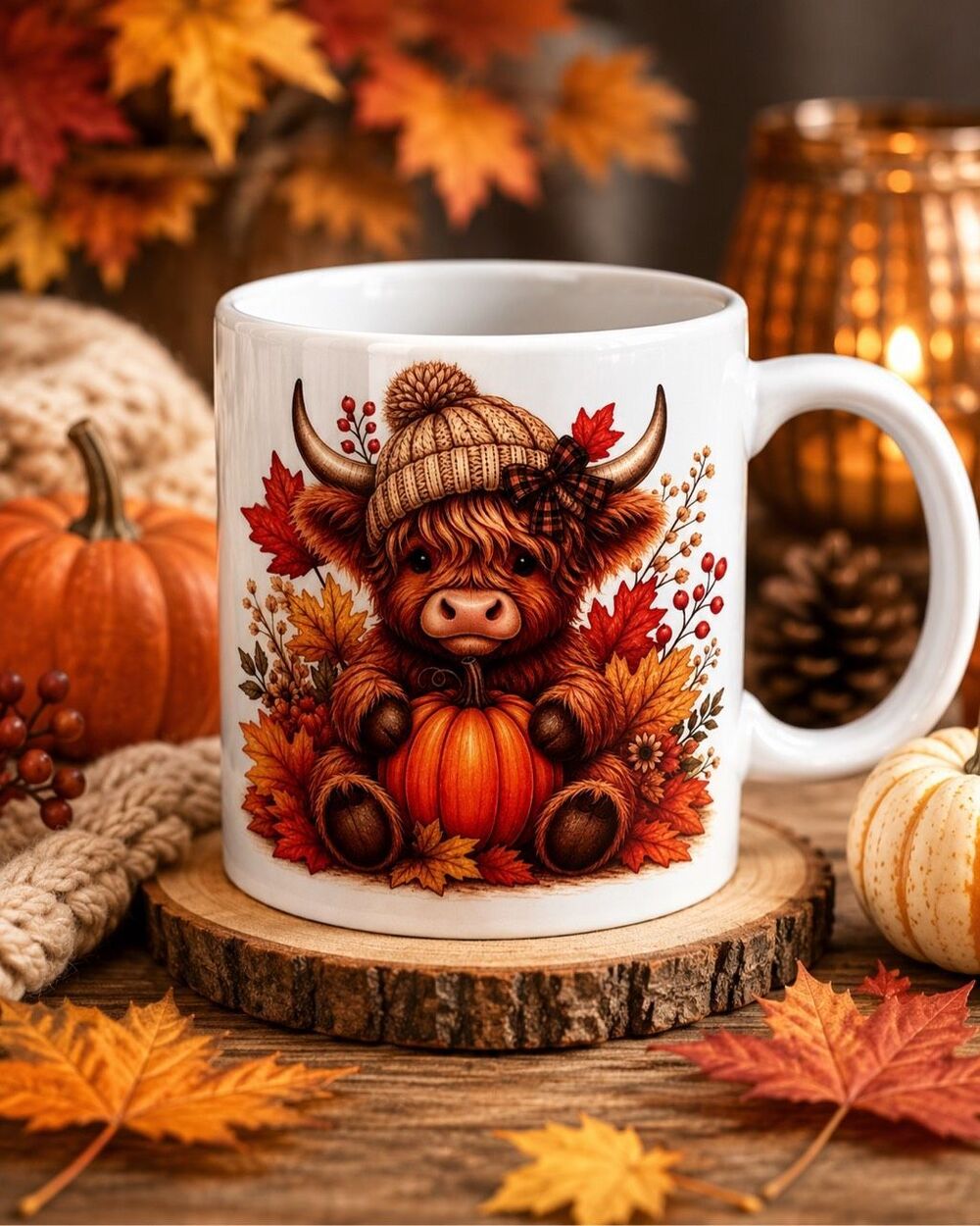 Fall Coffee Mug 12 oz highland baby cow Autumn Decor Pumpkin Spice Cozy Seasonal